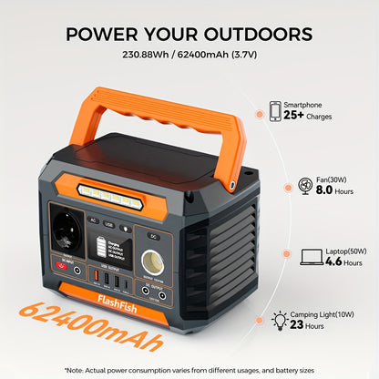 FF FLASHFISH 300W P66 Portable Power Station, 230.88 Wh/62400mAh Lithium-Ion Cells Solar Generator 300 W AC Output, 600 W Surge, 2 X DC Output And 4 X USB, LED Lights, Power Generator for Outdoor Use,  Compact Design, Lightwe