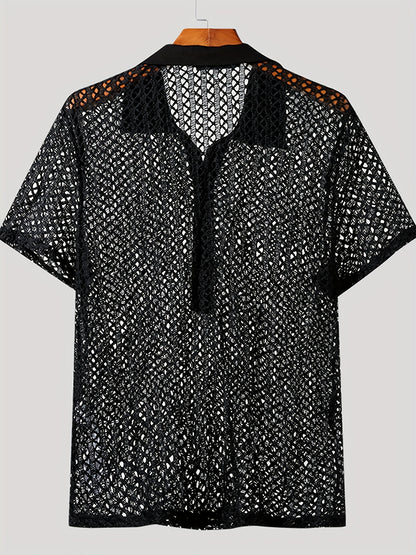 [Popular Choice] Trendy Sheer Mesh Cut-Out Top - Sexy Collared Short Sleeve Shirt in Bright Colors, Polyester, Summer Wear, Short Sleeve, Fas Shirt.hionNova, Sexy Style, Loosen Version, Summer