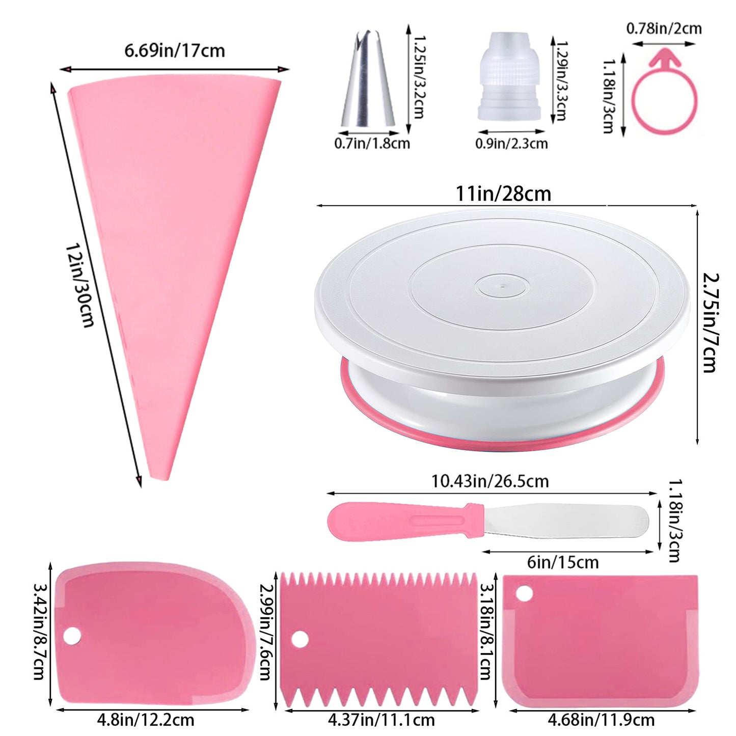 36pcs Stainless Steel Piping Nozzles Cake Turntable Set, 24 Piping Nozzles, 1 Cake Turntable, 2 Reusable Piping Bags, 2 Silicone Rings, 2 Converters, 2 Cream Spatulas, 3 Cream Scrapers, Cake Decorating, Nozzles, Pastry, Cupca