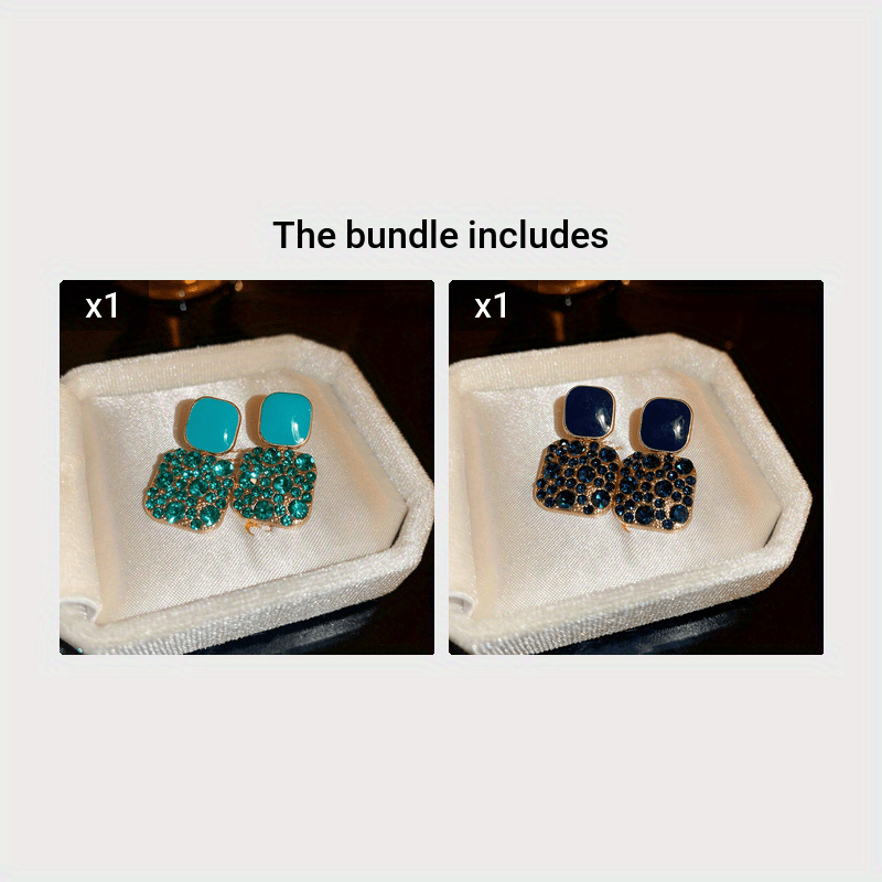 Brincos pendentes quadrados com decoração brilhante de strass, estilo luxuoso e elegante, em liga metálica, perfeitos para festas e banquetes.