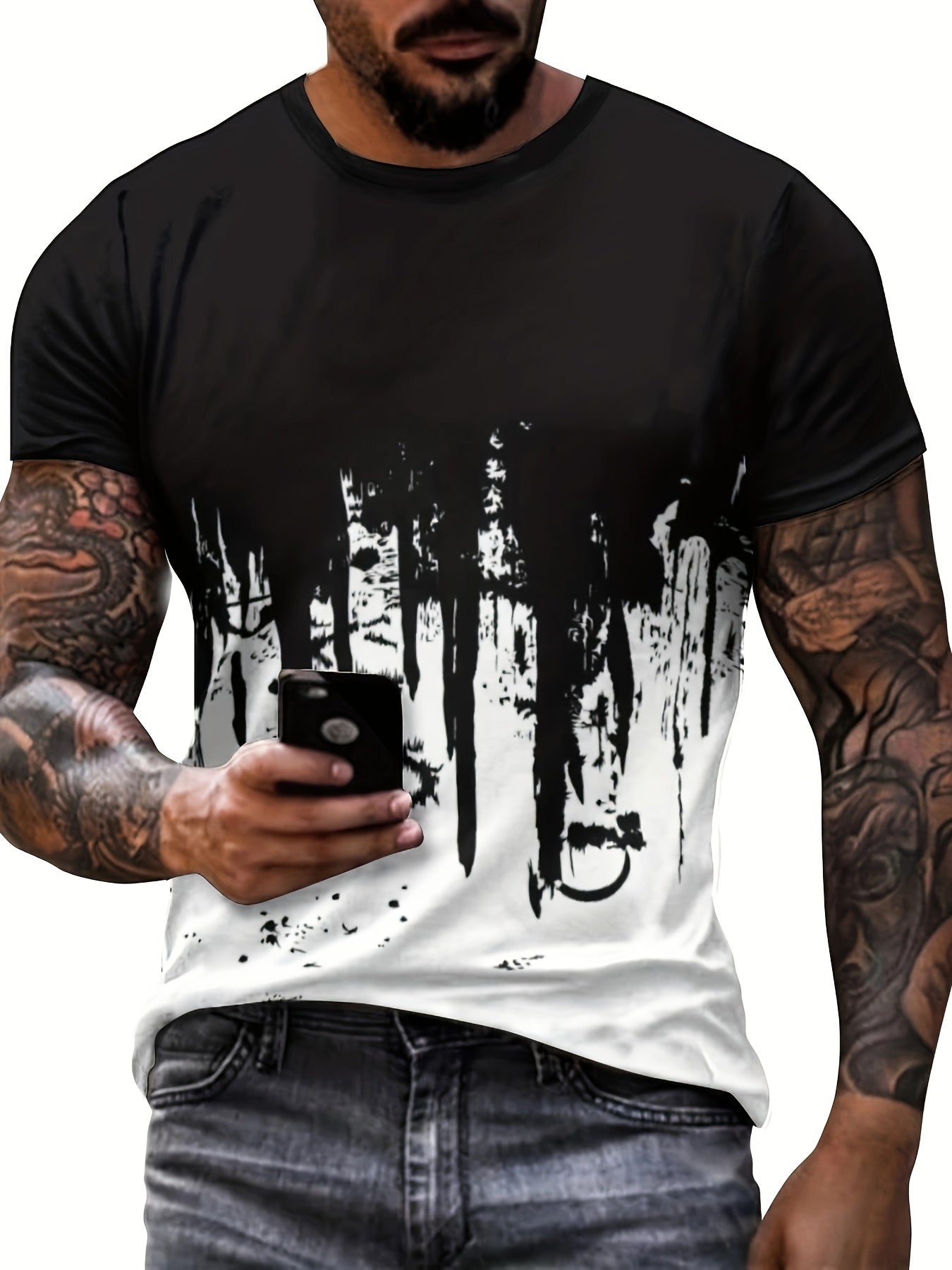 Paint Splash Print, Men's Graphic Design Crew Neck Active T-shirt, Casual Comfy Tees Tshirts For Summer, Men's Clothing Tops For Daily Gym Workout Running