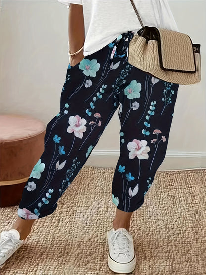 Floral Print Drawstring Straight Leg Pants, Casual Dual Pockets Pants For All Season, Women's Clothing