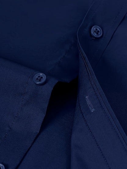 Men'S Slim Fit Long Sleeve Shirt - 55% Cotton, 40% Polyester, 5% Spandex, Solid Color, All-Season, Woven Fabric, Button-Up, Lapel Collar, Casual Weekend Wear, 125g/m²