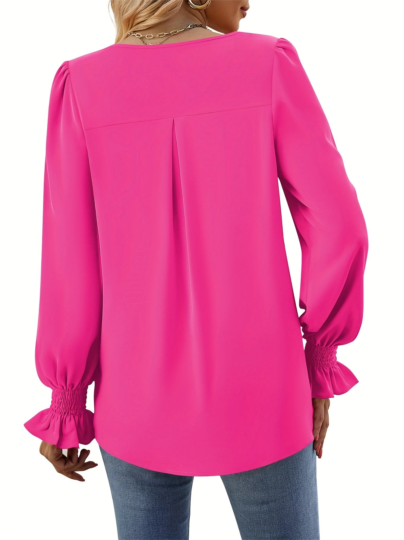 Solid V Neck Simple Blouse, Elegant Long Sleeve Ruched Blouse, Women's Clothing
