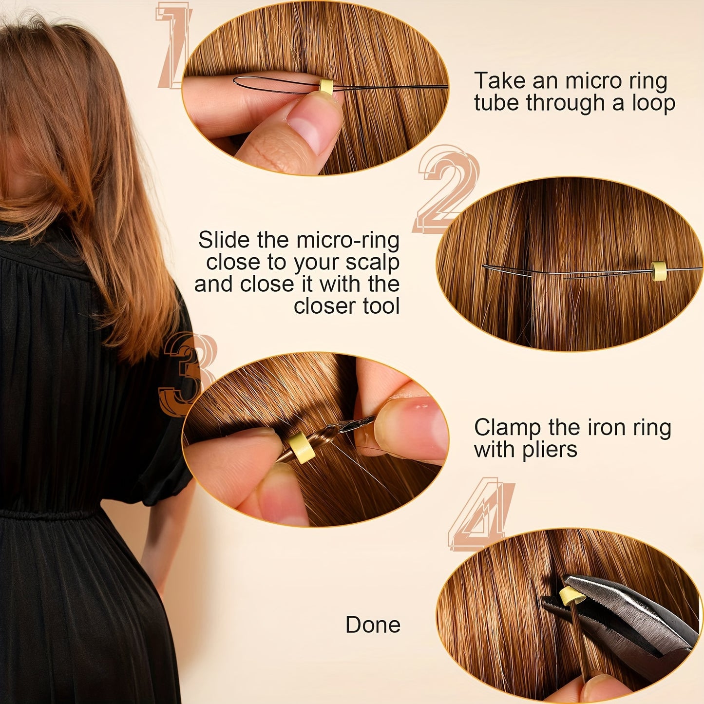 The cheapest hair extension kit on the whole network, equipped with 200 hair extension rings, 1 hair extension pliers, and 2 hair extension hooks