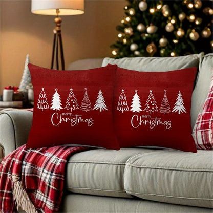 2pcs Red Christmas Tree Pillow Covers with White Cursive Merry Christmas Lettering & Tree Silhouettes - Burgundy Cases for Sofa, Bed, Office - Zippered Holiday Decorations (No Insert) - Hand Wash Only Festive Home Accent