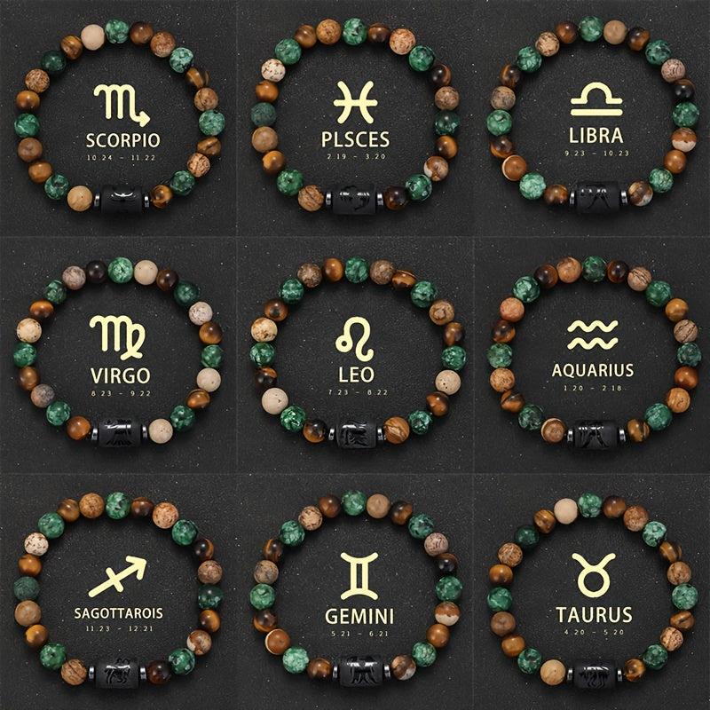 1pc PINAINICE 12 Zodiac Natural Stone Bead Bracelet - Elastic Stretch Fit, Marbled Earthy Tones with Golden Accents, Unisex Astrology Gift for Men & Women, Daily Wear & Special Occasions, Zodiac Bracelet, Casual Jewelry, Zodi