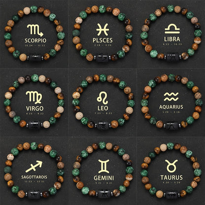1pc PINAINICE 12 Zodiac Natural Stone Bead Bracelet - Elastic Stretch Fit, Marbled Earthy Tones with Golden Accents, Unisex Astrology Gift for Men & Women, Daily Wear & Special Occasions, Zodiac Bracelet, Casual Jewelry, Zodi
