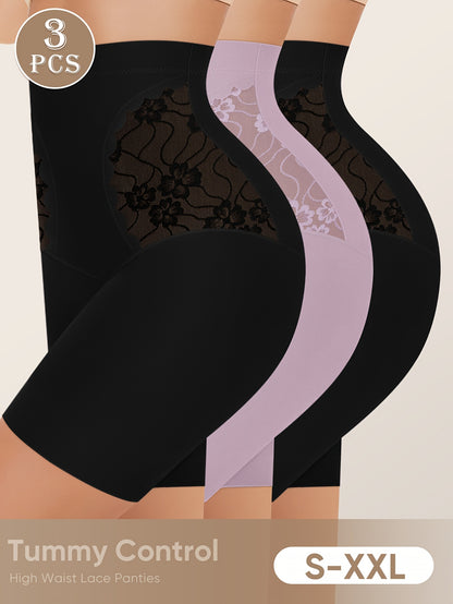 3pcs High-Waisted Tummy Control Women's Underwear, Boxer Briefs, Safety Pants with Mesh Breathable Lace Trim for Summer and Leg Shaping, Seamless Tummy Control Underwear, High Waist Panty, Panties for Women Plus Size, High Wa