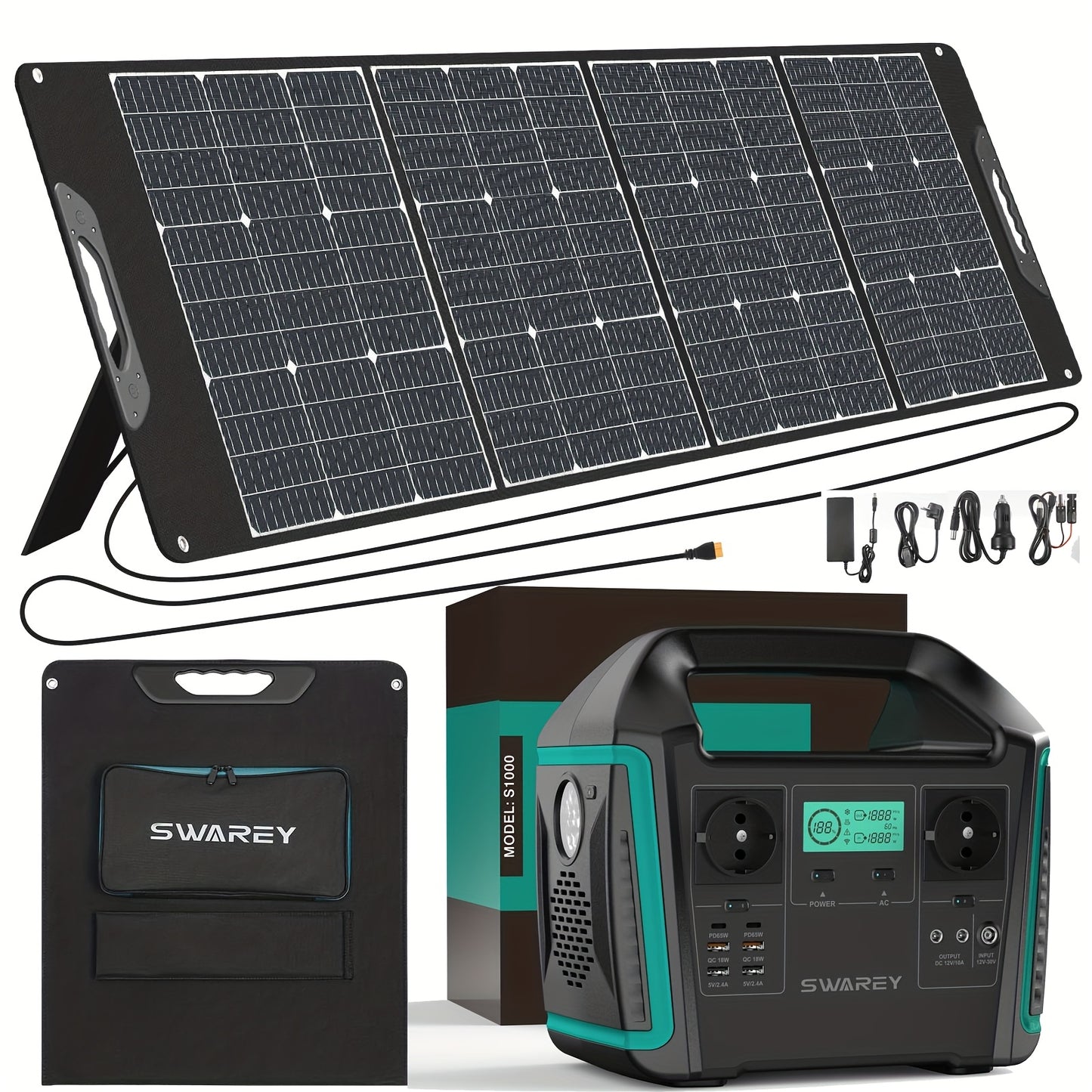 SWAREY Portable Power Station with 200W Solar Panel, 725.76Wh Solar power bank, 1000 W (Surge 1500 W) AC Outputs/Pure Sine Wave, Emergency power bank, 2 X 65 W USB-C Connection, Power power bank Battery for Outdoors, Camping,
