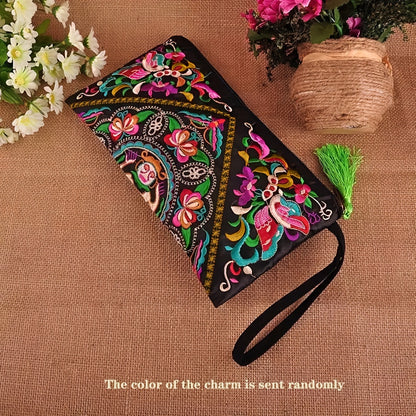 Retro Style Square Purse, Ethnic Style Phone Clutches, Floral Embroidery Handbag With Wristlet