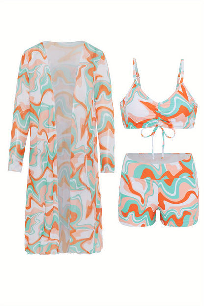 3-piece Geometrical Print Drawstring Bikini Sets, Boxer Short High Rise Bathing Suit, With Long Sleeve Sheer Cover Up Kimono Shirt, Women's Denim & Clothing