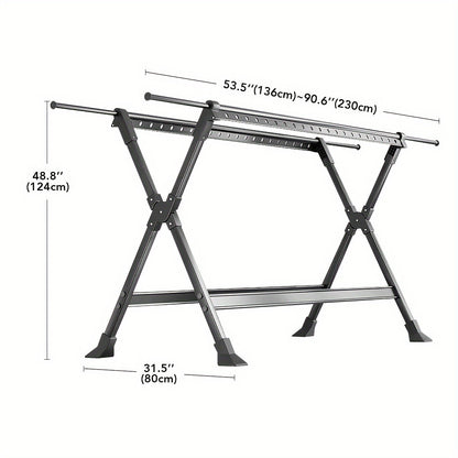 90-Inch Heavy Duty Stainless Steel Clothes Drying Rack with Windproof Hooks, Adjustable Length & 2-Tier Space-Saving Design - Freestanding Telescopic Laundry Rack for Indoor/Outdoor Use, Foldable with Sturdy Base & Top Shelf,