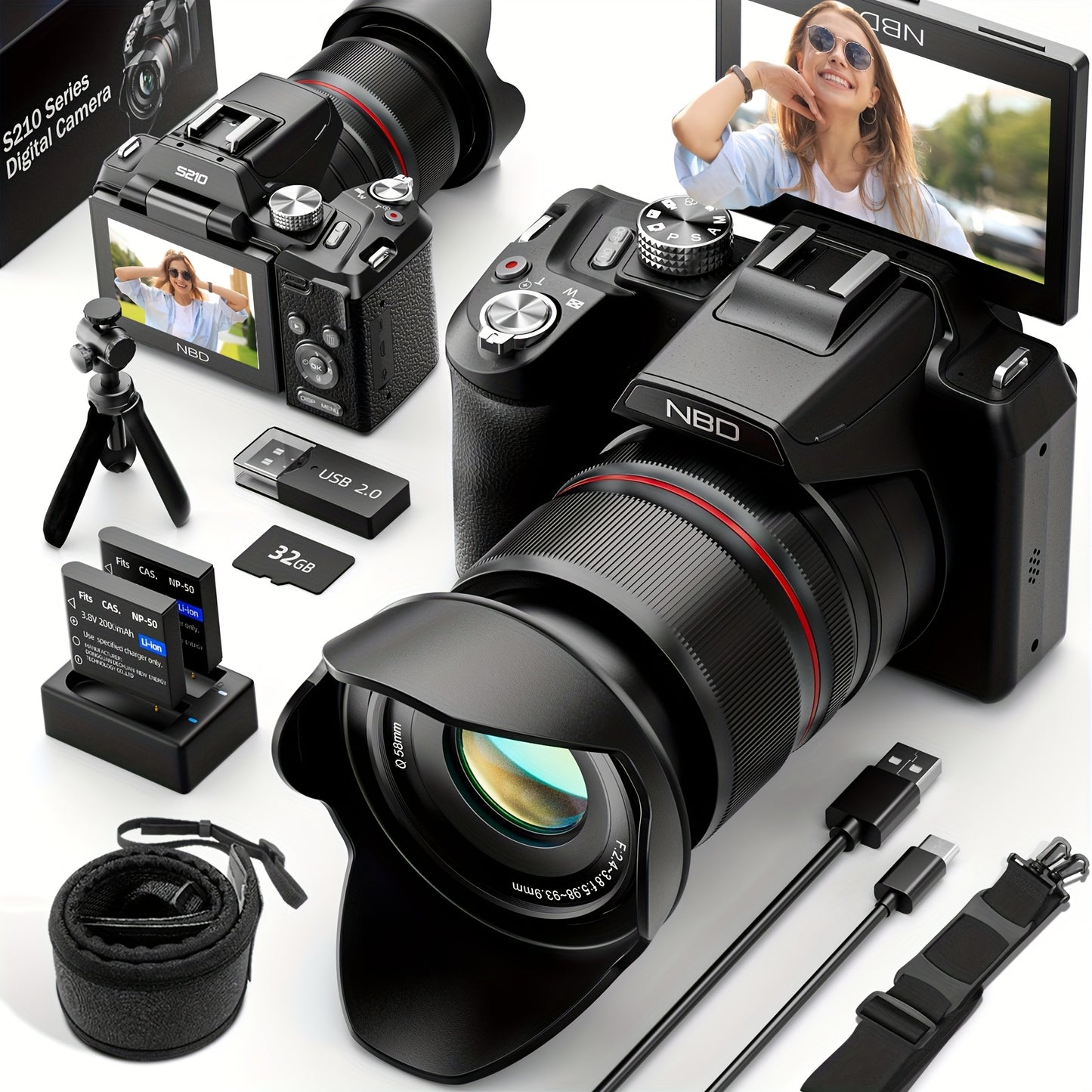 5K&64MP Digital Cameras for Photography, 16X Optical Zoom Camera with WiFi & App Control, Vlogging Camera with 180°Flipable 3-inch Screen, Auto Focus, Bag, 2 Batteries, Camera Strap&32GB Card, Photography Camera, Camera High