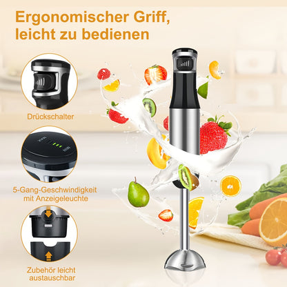Liquidificador de Imersão Portátil 6 em 1 - Liquidificador em Aço Inoxidável com 5 Velocidades, Processador, Batedor e Espumador de Leite para Carnes, Puré de Batata e Papinhas de Bebé