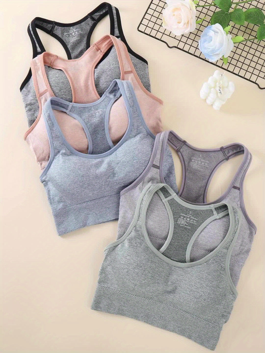 5pcs Women's High-Support Sports Bras - Removable Padding & Back Panel, Full-Coverage Tummy Control, Breathable Yoga Gym Bras with Multi-Color Options (Black/Dark Grey/Navy/Beige/Pink) - Moderate Lift for Heavy Breasts, Hand