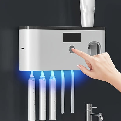 1pc Smart Toothbrush Sanitizer with Automatic Toothpaste Dispenser, Wall-Mounted UV Sterilization Holder, 5-Slot Storage, Durable Plastic, USB Rechargeable Lithium Battery, Bathroom Organization and Home Decor, Toothbrush Hol