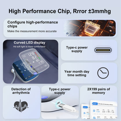 NEW LED High-End Curved Screen Home Precision Sphygmomanometer, 2x199 Memory with 22.1-43.18 cm Blood Pressure CuffAutomatic Upper Arm Cuff Digital Sphygmomanometer with C-Cable for Gifts, Family, Parents, and Friends