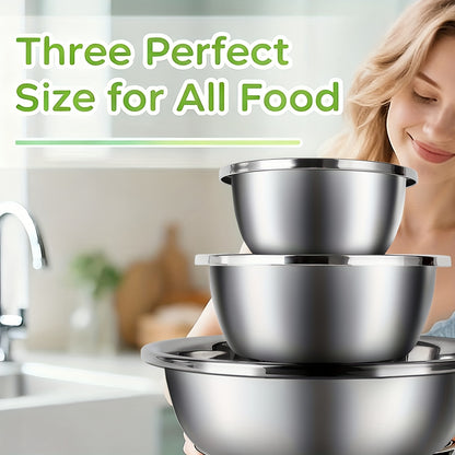 3pcs Stainless Steel Mixing Bowls, Oversized Stainless Steel Kitchen Bowls, Baking And Noodle Bowls, Mixing Salads, Washing Vegetables And Fruits, Soup Bowls, Salad Bowls, Etc. Three Sizes Suitable for a Variety of Scenarios