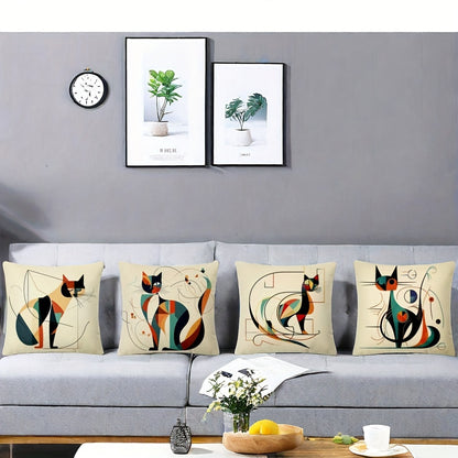 Conjunto de 4 capas de almofada decorativas em linho tecido, com estampa abstrata de gato de Kandinsky, estilo industrial, com fecho, ideais para sofá, quarto, carro e escritório - Laváveis ​​à máquina