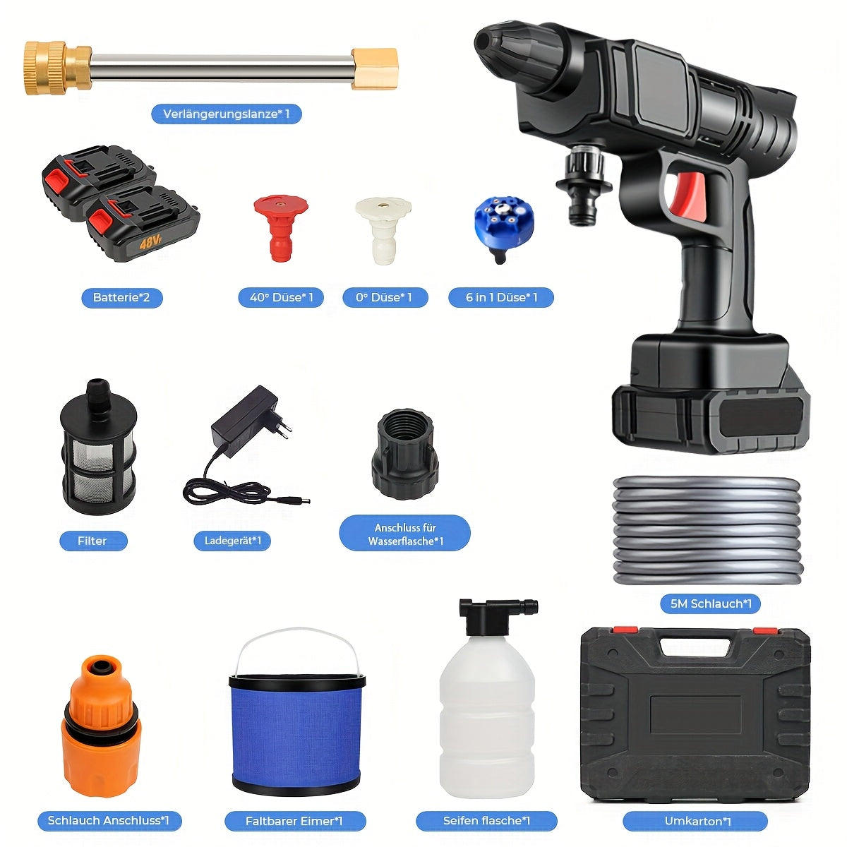 Lavadora de Alta Pressão Sem Fios 7MAGIC 6 em 1 com 2 Baterias e Caixa de Ferramentas - Recarregável, 100-240V, Plástico Durável, Multifunções para Manutenção de Relvados e Jardins, Pistola de Lavadora de Alta Pressão Sem Fios, Fácil de Usar