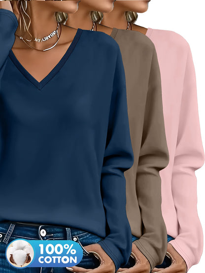 3pcs Women'S 100% V-Neck Long Sleeve T-Shirts - Soft, Durable, and Comfortable Casual Wear for All Seasons, Perfect for Holidays, Graduations, and Everyday Style, Everyday Comfort Wear | Minimalist Style | Soft Fabric Tee