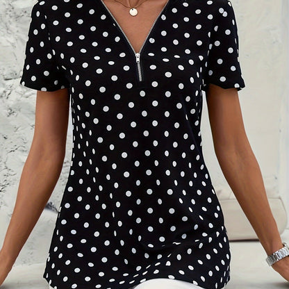 Polka Dots Print V Neck Blouse, Elegant Zipper Front Short Sleeve Blouse For Spring & Summer, Women's Clothing