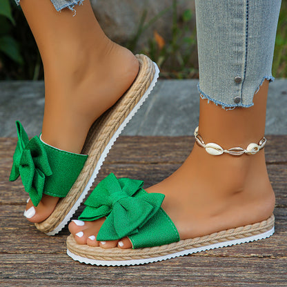Women's Beige Bowknot Flat Slides - Stylish Open-Toe Non-Slip Summer Beach Sandals, Comfortable EVA Sole for Casual Attire, Vacation, and Casual Outfits, Ladies Sandals