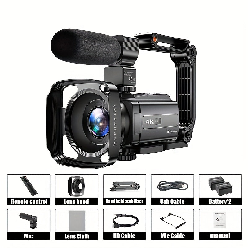 Flyfrost 4K 60FPS HD Camcorder with External Mic, 6D Stabilization & WIFI FPV Drone-like Camera, 48MP Photo/Video, 7.62cm Touch Screen, Auto Focus, 80° Lens, Remote Control, Compatible with PC/Mobile for Vlogging, YouTube Re
