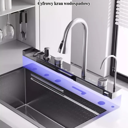 A Single-bowl Design Named 'Whale Rainfall Kitchen Sink' For Halloween And Christmas, Crafted From 304 Nanometre Stainless Steel. Features A Digital Display And Embossed Texture, Complete With Tap. Drainage Outlet Positioned