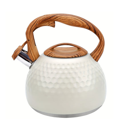 1pc, 3L Stainless Steel Whistling Tea Kettle – Easy To Clean, Compatible With All Stovetops, Whistling Kettle, Stainless Steel Tea Pot With Wooden Pattern Handle, – Lightweight & Durable Stainless Steel Teapot For Outdoor
