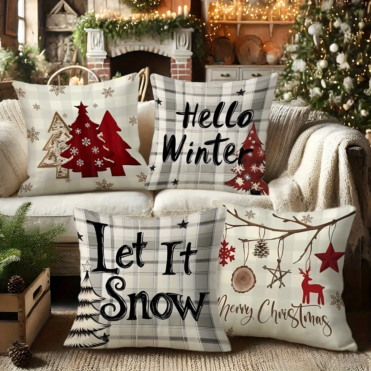 4pcs Christmas Themed Pillow Covers with Winter Elements like Christmas Trees, Snowflakes, and Reindeer - Festive Holiday Decorative Cushion Covers for Home, Car, Bed, Sofa, Office - Zipper Closure, Machine Washable, Polyeste