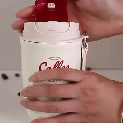 Caneca térmica elegante em aço inoxidável com pega de transporte - Portátil e resistente para aventuras ao ar livre.