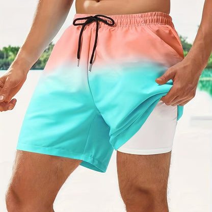 Men's Gradient Beach Shorts - Quick-Dry, Drawstring Waist, Pockets, Polyester, Ideal for Summer Activities & Casual Wear, Casual Summer Shorts|Summer Fashion Shorts|Lightweight Shorts