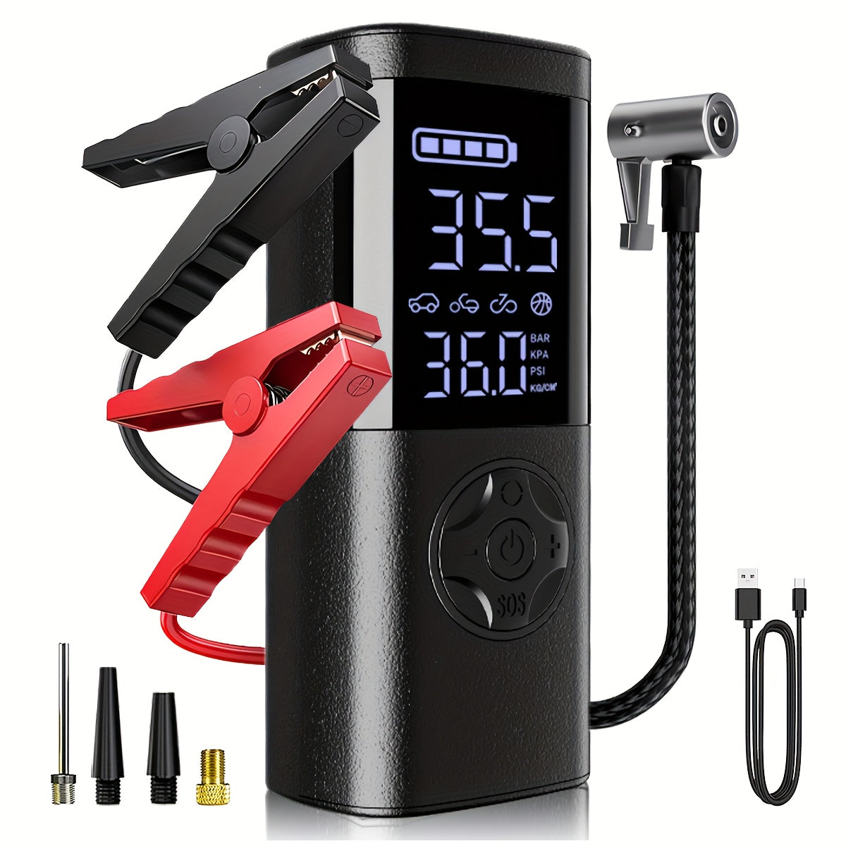 TEMOLA 7-in-1 Emergency Canjumper Starter & Tire Inflator with Digital Display, LED Light, Instant Jump Start, Tire Pressure Detection, Smart Air Compressor, USB Charging, Durable Polymer Battery for Cars, Motorcycles, Bicycl