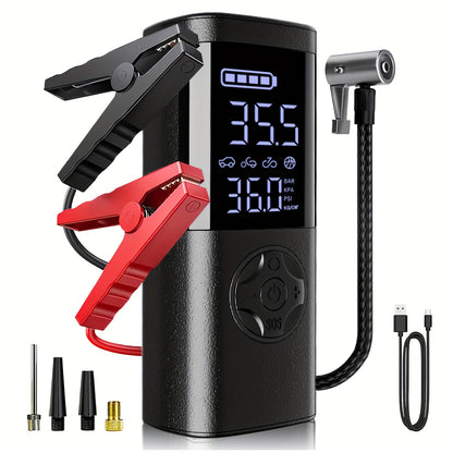 TEMOLA 7-in-1 Emergency Canjumper Starter & Tire Inflator with Digital Display, LED Light, Instant Jump Start, Tire Pressure Detection, Smart Air Compressor, USB Charging, Durable Polymer Battery for Cars, Motorcycles, Bicycl