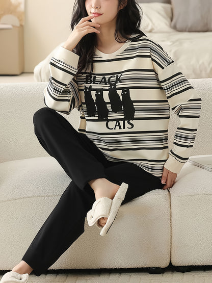 Women's Black and White Striped Cat Print Casual Pajama Set - Elastic Waist Pants with Round Neck Long Sleeve Top, Machine Washable, Perfect Seasonal Sleepwear, Loose Fit | Whimsical Pattern T-Shirt | Polyester Blend Fabric,