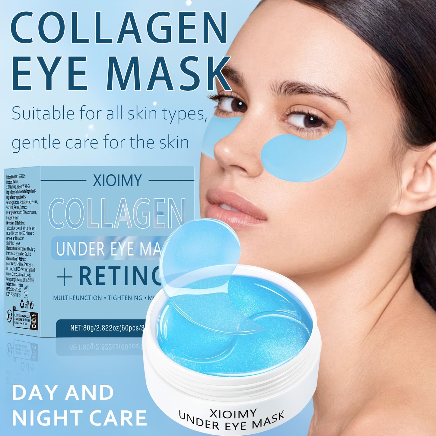 60pcs Xioimy Collagen & Retinol Under Eye Masks - Hypoallergenic Multi-Functional Gel Eye Patches for Tightening, Moisturizing & Firming - European Specialized Skincare for All Light Beige Types, Men & Women, Eye Patches Skin