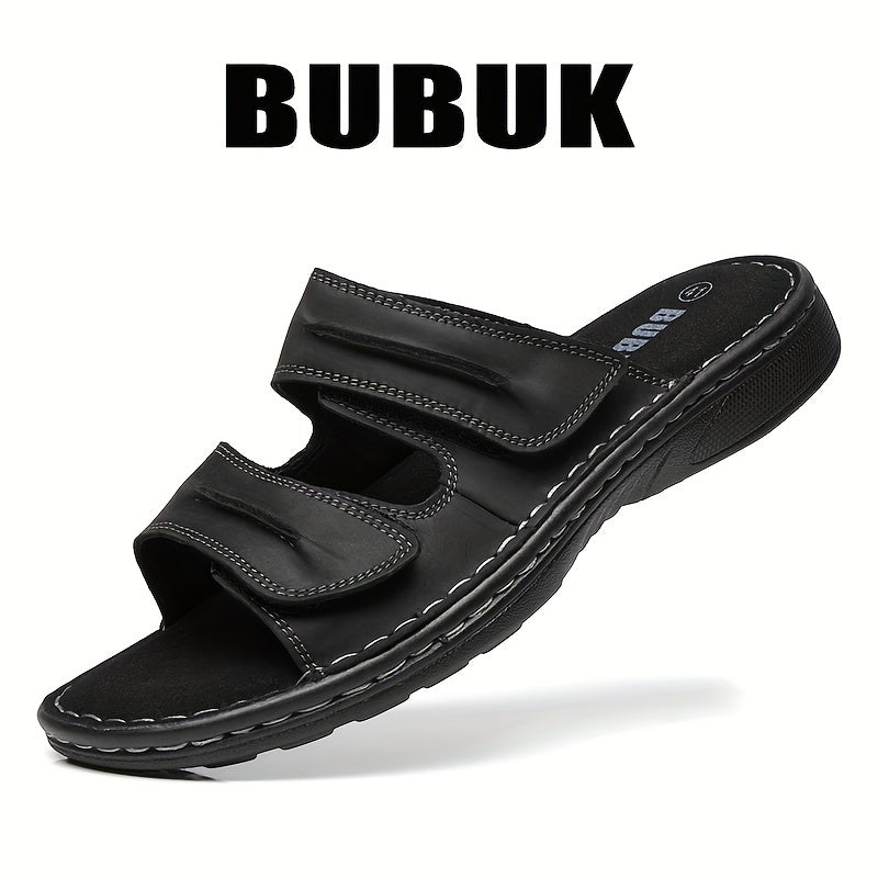 BUBUK Men's Genuine Leather Slip-On Slippers Sandals - Full-Grain Cowhide Upper, Adjustable Strap & Buckle, Black Heavy-Sole (PU/Fabric) for Beach, Casual, Outdoor - Comfortable All-Terrain Walking Shoes - Durable Leather Foo