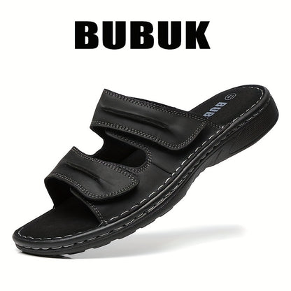 BUBUK Men's Genuine Leather Slip-On Slippers Sandals - Full-Grain Cowhide Upper, Adjustable Strap & Buckle, Black Heavy-Sole (PU/Fabric) for Beach, Casual, Outdoor - Comfortable All-Terrain Walking Shoes - Durable Leather Foo