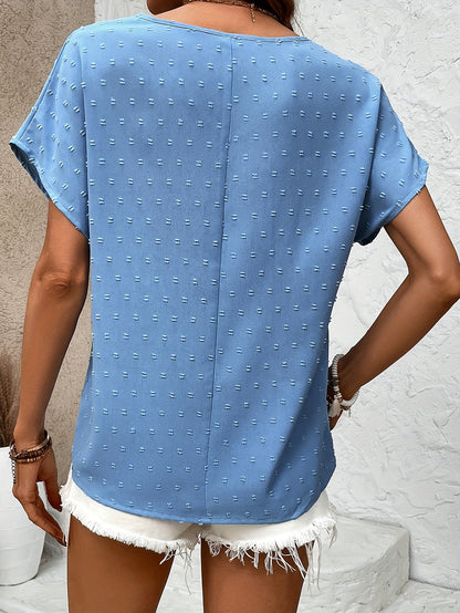 Swiss Dot V Neck Blouse, Casual Short Sleeve Blouse For Spring & Summer, Women's Clothing