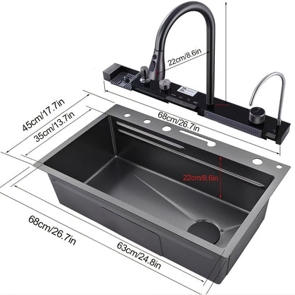 A Single-bowl Design Named 'Whale Rainfall Kitchen Sink' For Halloween And Christmas, Crafted From 304 Nanometre Stainless Steel. Features A Digital Display And Embossed Texture, Complete With Tap. Drainage Outlet Positioned