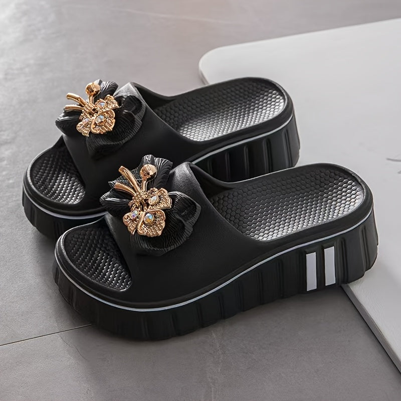 Women'S Elegant Floral Embellished Slide Sandals - Summer 2025 Collection, Non-Slip, Odor-Resistant, Durable Beach Shoes with Thick Cushioned Sole for Indoor/Outdoor Comfort, Indoor Slippers | Floral Embellished Sandals | EVA