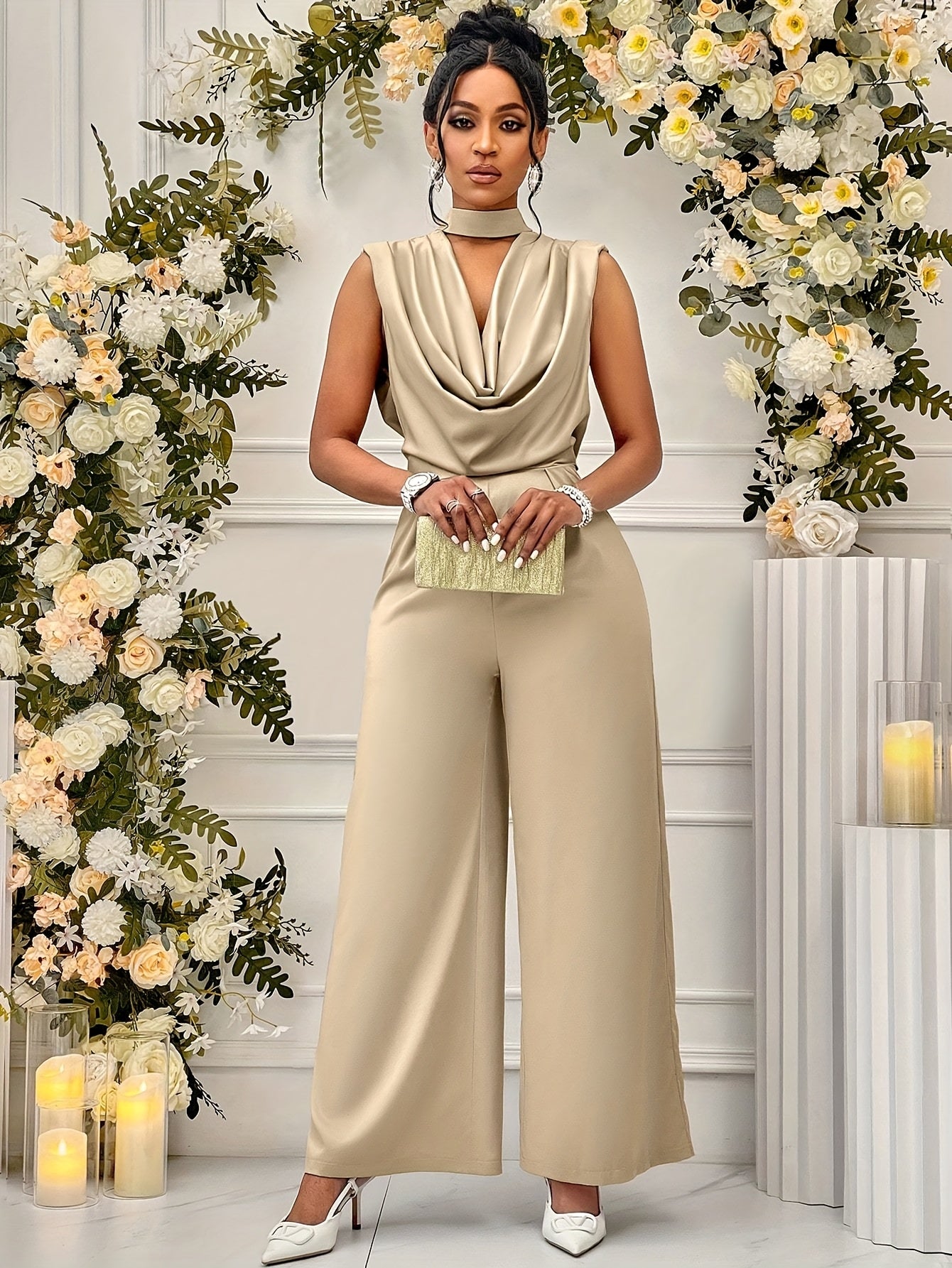 Women's Elegant High-Waisted Sleeveless Wide-Leg Jumpsuit - Beige Stand Collar Non-Stretch Machine Washable All-Season Versatile Outfit for Casual & Formal Events (NS702), Event Clothing | Sophisticated Style | Sophisticated