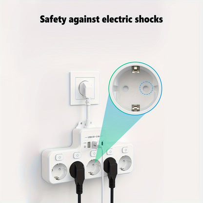 A 9-In-1 Power Strip with USB, Featuring 5 EU Sockets with Individual And Master Switches, 2 USB-A And 2 USB-C Ports, Flexible Cable Sockets, Wall-Mounted Design, Suitable for Home, Kitchen, Office, And Travel.