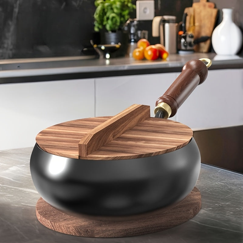 LDQ 1pc Cast Iron Pan Splash Resistant Design Rust Proof Durable Construction Even Heat Distribution Healthy Cooking Essential for Indoor Outdoor Use Oven Safe Wooden Handle Pans for Cooking Indoor Kitchenware Perfect Gifts f