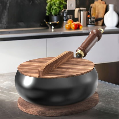 LDQ 1pc Cast Iron Pan Splash Resistant Design Rust Proof Durable Construction Even Heat Distribution Healthy Cooking Essential for Indoor Outdoor Use Oven Safe Wooden Handle Pans for Cooking Indoor Kitchenware Perfect Gifts f