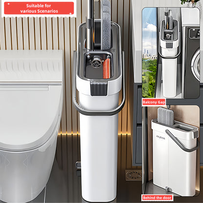 Mop And Bucket Set, Upgraded Slim Gap Storage 2-in-1 Hands-Free Mop Bucket Set, Integrated Scrubbing and Washing Design for Wooden Floors and Tiles, Space-Saving Portable Home Cleaning Tool, Comes with 2 Washable and Reusable