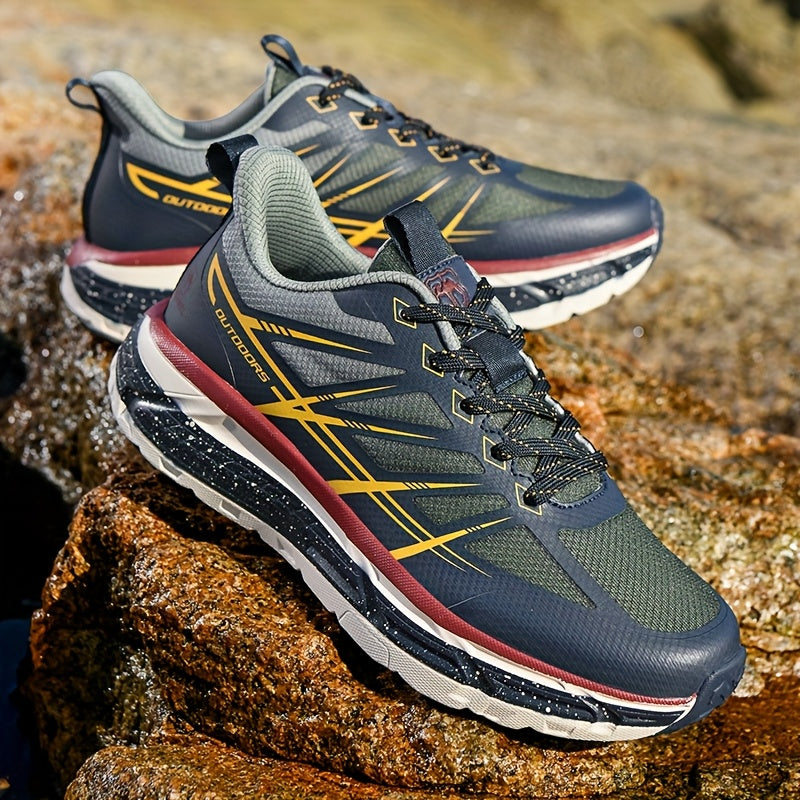 Men's All-Season Breathable Sneakers - Non-Slip Cushioned MD Sole, White/Gray/, Lace-Up Mid-Top Sneakers for Running, Gym, Hiking, Everyday - Extended Sizes Available, Outdoor Activities, Geometric Pattern, Secure Fit, Versat