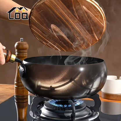 LDQ 1pc Cast Iron Pan Splash Resistant Design Rust Proof Durable Construction Even Heat Distribution Healthy Cooking Essential for Indoor Outdoor Use Oven Safe Wooden Handle Pans for Cooking Indoor Kitchenware Perfect Gifts f